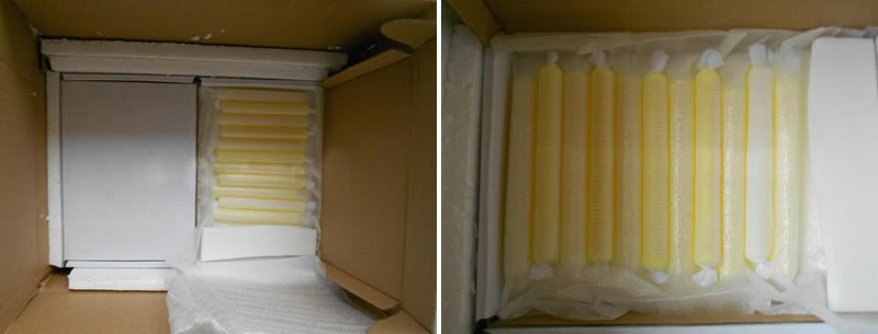 There is a carton of glass tubular bubble level vials, which are wrapped with plastic bag and protected with foam.